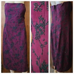 Womens Custom Strapless Black Beaded Floral On Burgundy Mini Small Dress